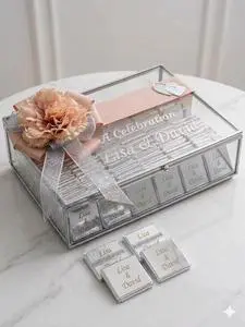 Personalized Wedding Chocolate Favors with Acrylic Box and Silver Tags for Guests
