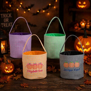 Gingham Fabric Easter Basket Reusable Round Egg Hunt Tote Bucket With Carry Handle Multi Color Lined Storage Bag