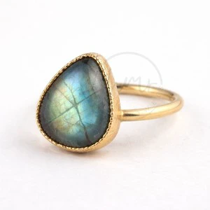 Natural Labradorite Gold Plated Brass Ring Pear Shape Gemstone Bohemia Style Peace Design Handmade Unisex Jewelry