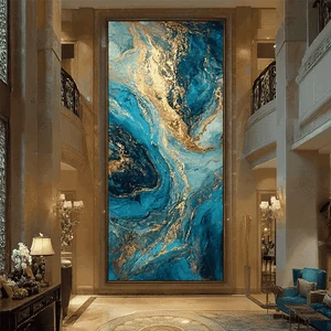 Luxury Oversized Blue Gold Abstract Oil Painting Large Vertical Teal Fluid Canvas Art Wall Painting