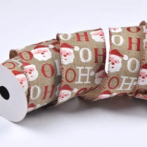 Christmas Decorative Ribbon 100% Polyester Faux Linen Fabric Glitter Cartoon Santa Claus Gold Foil Printed Wired Ribbon