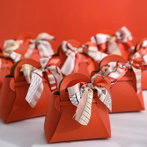 Custom Logo Leather Wedding Candy Gift Bag with Ribbon Wholesale Candy Handbag for Birthday Party Jewelry Gift Bag