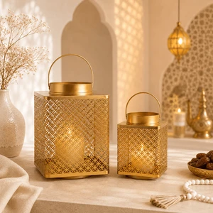 Wholesale Luxury Gold Metal Ramadan Candle Lantern Set Moroccan Hollow Geometric Eid Home Wedding Decor