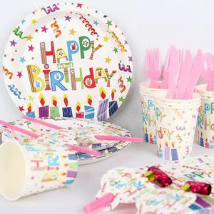 Happy Birthday Party Tableware Kit Plates Napkins Cups Tablecloth & Banner for Boys & Girls Birthday Party Decorations Supplies
