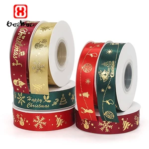 Factory Wholesale Retail New Foil Gold Printed Xmas Tree Deer Santa Claus Snowman Polyester Christmas Satin Ribbon for Packing