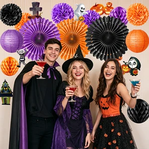 Halloween Paper Party Decor Kit Ghost Skeleton Pumpkin Tombstone Cutouts Orange Purple Wall Hanging Backdrop Supplies