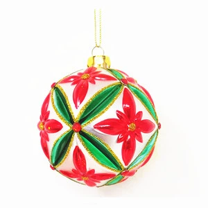 Wholesale Hand Blown Christmas Ornaments Red and Green Flower Ball Ornaments on White Background