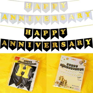 White Black Happy Anniversary Banner Party Supplies for Wedding Birthday Party Ceremony Decoration
