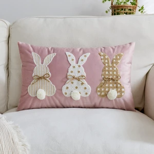 Wholesale Modern Easter Bunny Faux Linen Throw Pillow Covers Cute 3D Pompom Rabbit Embroidered Removable Washable Decorative