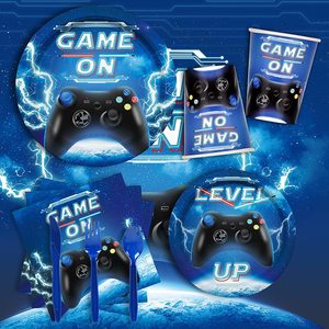 Video Game Party Supplies Kit Serve 25,Includes Dinner Plates,Dessert Plates,Napkins,Cups,Cutlery,Tablecloth,Banner for Gamer Bi