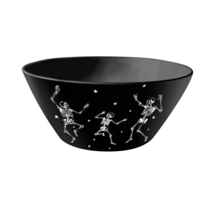 Halloween Themed Melamine Bowl Plate and Serving Tray with Handles Dancing Skeleton Pattern for Party and Dining Table