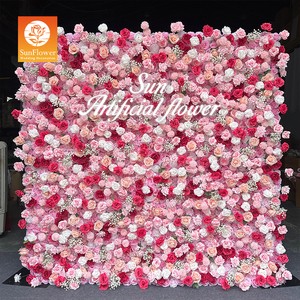 Sunwedding Wedding Stage Floral Wall Backdrop Decor Pink Rose Flower Wall Roll up Cloth Silk Flower Wall