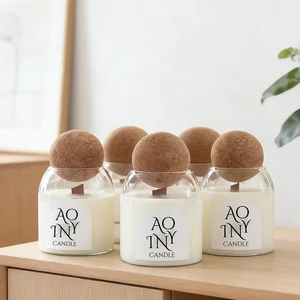 Popular Fashionable Transparent Glass Jar Scented Candles With Wooden Balls Cork LID Soy Wax Aromatherapy Gift Candle Set