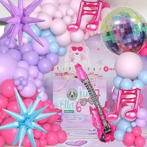 70s 80s 90s Music Theme Party Pink and Purple Balloon Arch Garland Kit Colorful Star Disco Ball for Disco Party Girls Birthday