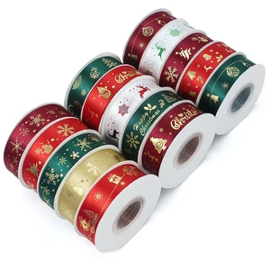 Factory Wholesale Christmas Gold Foil Gift Packaging 25 Yards Festive Satin Ribbons Decorative Gift Wrapping