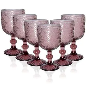 Hand Blown Purple Pink Vintage Wine Goblets Embossed Pattern Glassware 14oz for Wedding Party