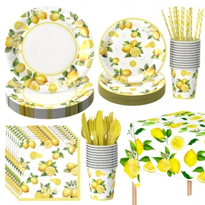 Summer Lemon Birthday Party Supplies Tablecloth and Tableware Set for Birthday Party Dinner and Outdoor Picnic