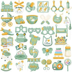 36 PCS Sage Green Baby Shower Photo Booth Props with Stickers for Birthday Halloween & New Year Holiday Party Decorations