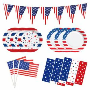 USA Independence Day Set, 4th of July Party Supplies Tableware Decorations Disposable Plates Napkins Tablecloth Banner Flags