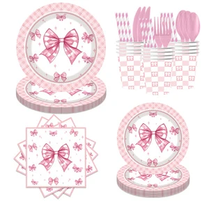 Premium Disposable Bow Tableware Party Set Paper Banner Tablecloth Paper Plate for Baby Shower Girl Birthday Party