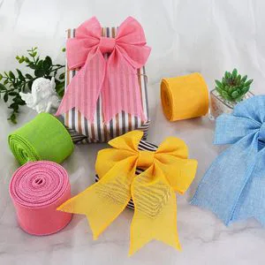Spring Easter Festival Party Home Decor DIY Bow Decoration with Solid Color Linen and Colorful Ribbon Fabric