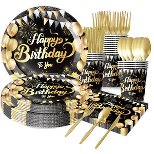 Cross-Border Black Gold Luxury Birthday Party Disposable 10-Piece Colorful Paper Plates & Cups Dessert Table Decorations