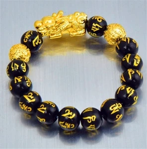 Lucky Feng Shui Obsidian Gold-Plating Wealth Brave Troops PiXiu Women Mens Bracelet Jewelry