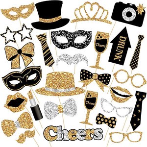 30-piece Cross-border Paper Photo Props Set for Weddings New Year Birthday PartiesBlack-and-Gold Themed Fun Decorations