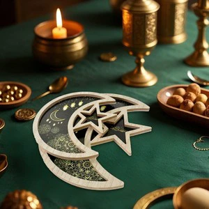 642095 Star&Moon Wooden Tray 1pcs 33.5*39cm/21.5*21.5cm Food Strorage Party Maker Ramadan Supplies