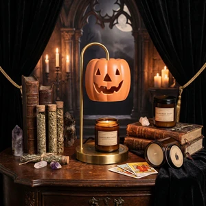 Pumpkin Candle Warmer Lamp With Gothic Hollow Pumpkin Ceramic Cover, Weighted Metal Base Halloween Candle Melter Lamp