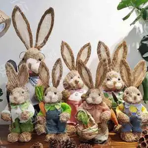 Multistyles 14 Inch Easter Straw Bunny Figure Easter Rabbit Easter Holiday Supplies Decoration for Home Garden