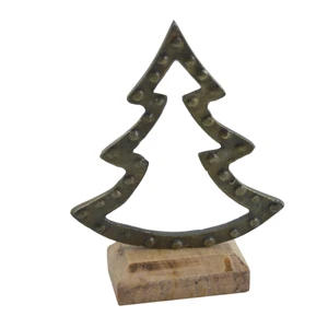 Vintage Tree-Shaped Christmas Ornament with Wooden Base Indoor Decorative Plated Finish for Home and Festive Decor