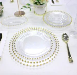 Clear and Gold Beaded Plastic Dinner Plates Disposable Plastic Fancy Heavy Duty Party Dishes For Wedding