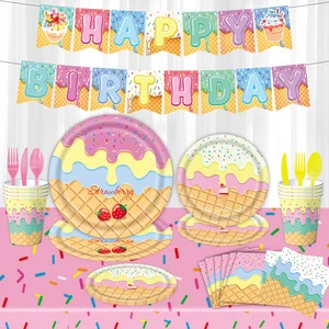 Ice Cream Themed Disposable Tableware Children Birthday Decoration Paper Tableware Set Party Supplies