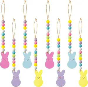 Easter Bunny Wooden Hanging Ornament Decor 8pcs Easter Wood Bead Garland Double-Sided Rabbit Pendant Hang Decor With Rope