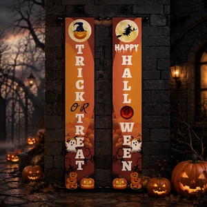 Customizable Halloween Couplet Banner Set Spooky Trick or Treat & Happy Halloween Pattern for Party Home Decoration