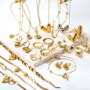 Hypoallergenic Gold Plated Geometric Jewelry Sets Stainless Steel Chunky Heart Shape Necklace Bracelet Rings Earrings for Women