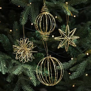 Creative metal holiday ornaments designed with snowflakes, Christmas trees, bells, stars, and festive symbolic patterns