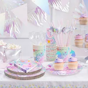 DAMAI Mermaid Theme Disposables Plates Sets Dinnerware Tableware Girl Birthday Party Tableware & Table Decorations