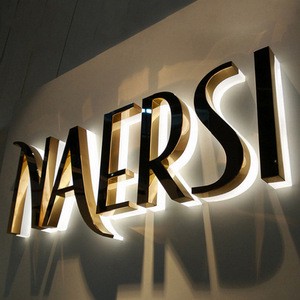 Custom Brushed Mirror Electroplated 3D LED Backlit Stainless Steel Metal Logo Sign For Hotel Indoor Outdoor Wall Decoration