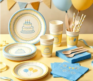 Fresh Yellow Blue Contrast Lace Birthday Disposable Tableware Party Decor Dinnerware Set