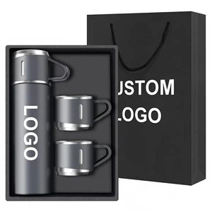 Custom Flask Gift Set 500ml Double Wall Stainless Steel Luxury Thermos Insulated Water Bottle Set Vacuum Flask Mug With 3 Lids