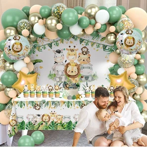 Jungle Animal Theme Balloon Garland Arch Kit With Backdrop Wild One Tablecloth Table Cover for Kids Birthday Baby Shower