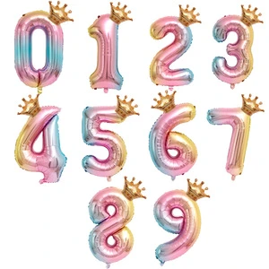 Gradient Rainbow Disposable Party Tableware Set with Crown Balloons and Paper Banners for Birthday Decorations