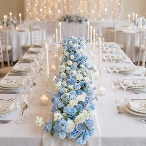 Blue White Rose & Hydrangea Silk Flower Arrangement Realistic Valentine's Day & Wedding Table Centerpiece for Long Dining Tables