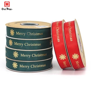 Merry Christmas Ribbon With Logo Gold Foil Printed Grosgrain Ribbon for Christmas Gift Packing and Decoration