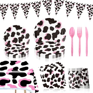 Modern New Pink and Black Cow Birthday Party Tableware Disposable Triangle Flag Balloon Decorations Stylish Party Supplies