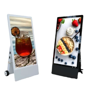 Portable Battery Powered Digital Signage Booth Outdoor High Brightness CMS Software Menu Ad Poster Screen With Wheels For Party