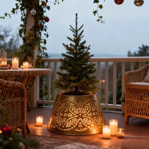 Indoor/Outdoor Durable Eco-Friendly Iron Christmas Tree Base Cover with Rings and Wreath