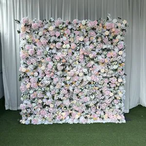 Wholesale Wedding Stage Floral Wall Backdrop Decoration White Rose Wall with Leaves Artificial Flower for Wedding Decoration